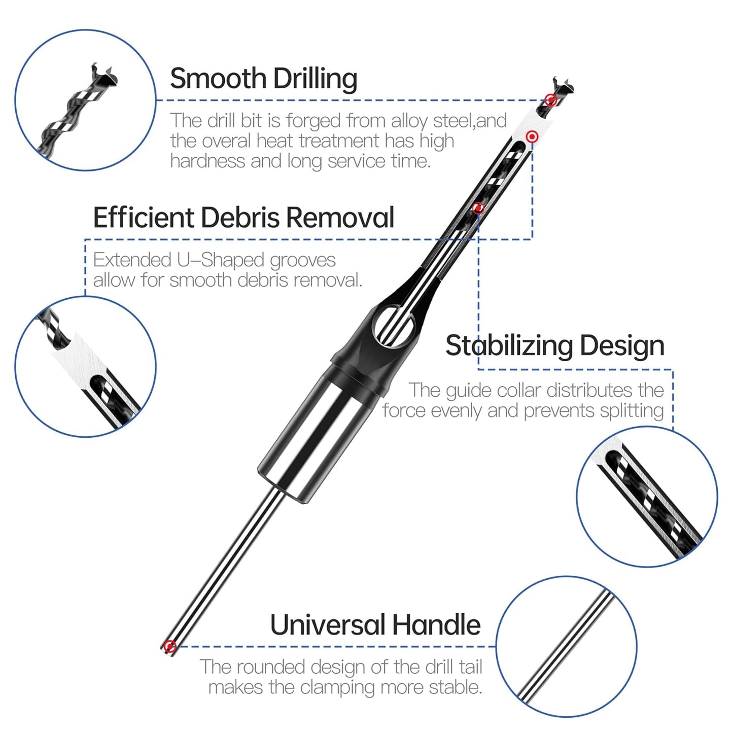7pcs Square Hole Drill Bits, Mortise Chisel Drill Bit Tools 1/4", 5/16", 3/8", 9/16", 5/8", 1/2",3/4" HSS