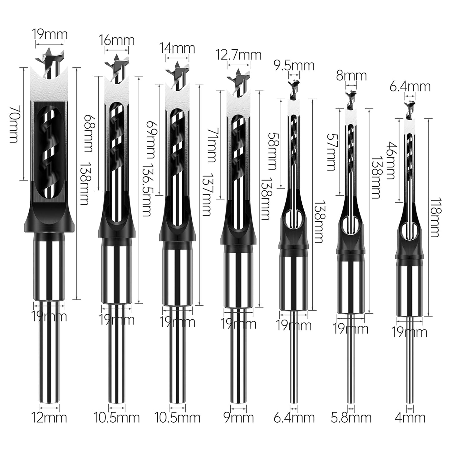 7pcs Square Hole Drill Bits, Mortise Chisel Drill Bit Tools 1/4", 5/16", 3/8", 9/16", 5/8", 1/2",3/4" HSS