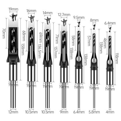 7pcs Square Hole Drill Bits, Mortise Chisel Drill Bit Tools 1/4", 5/16", 3/8", 9/16", 5/8", 1/2",3/4" HSS