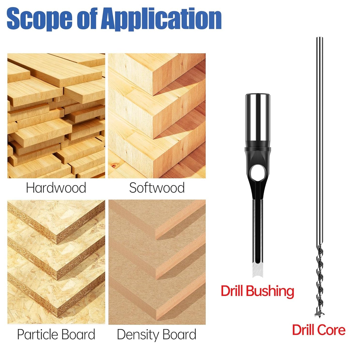 7pcs Square Hole Drill Bits, Mortise Chisel Drill Bit Tools 1/4", 5/16", 3/8", 9/16", 5/8", 1/2",3/4" HSS