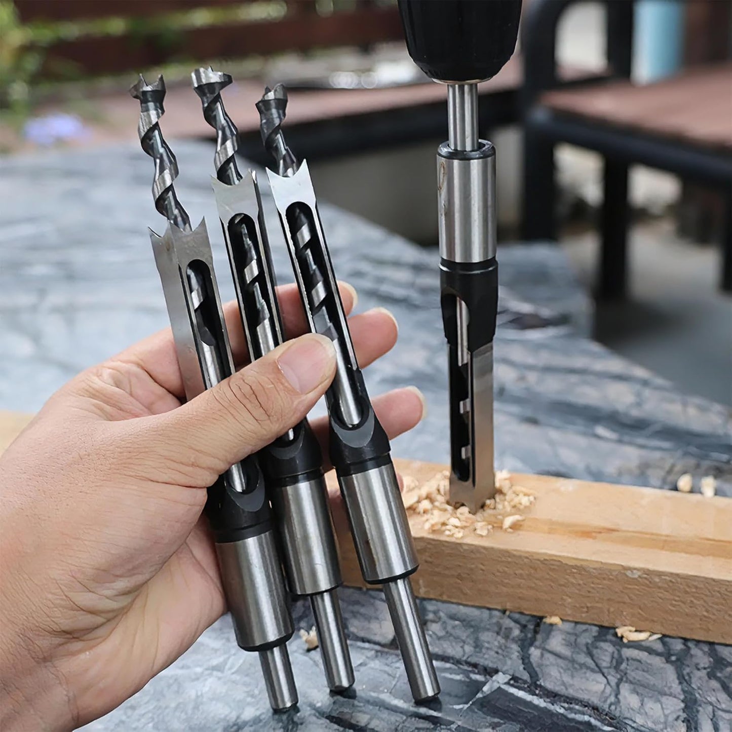 7pcs Square Hole Drill Bits, Mortise Chisel Drill Bit Tools 1/4", 5/16", 3/8", 9/16", 5/8", 1/2",3/4" HSS