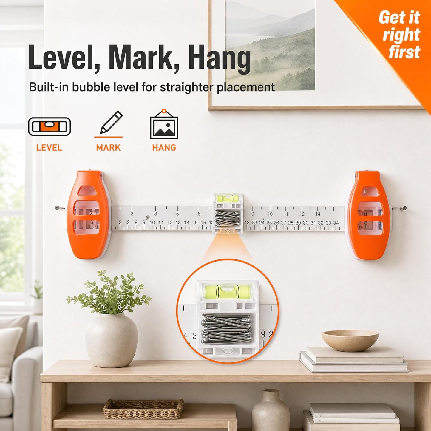 3-in-1 Picture Hanging Tool, Magnetic Nail Hanger with Level Ruler, No Hammer Wall Mount Tool