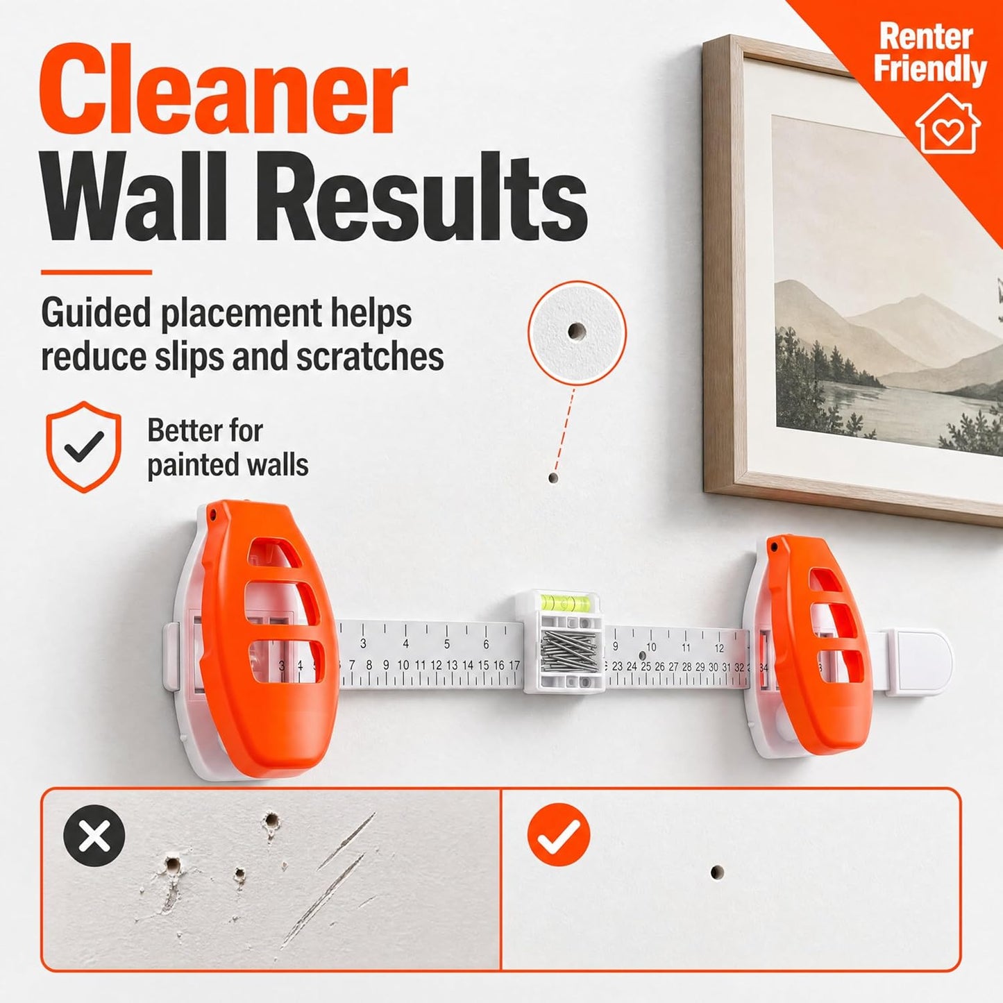 3-in-1 Picture Hanging Tool, Magnetic Nail Hanger with Level Ruler, No Hammer Wall Mount Tool