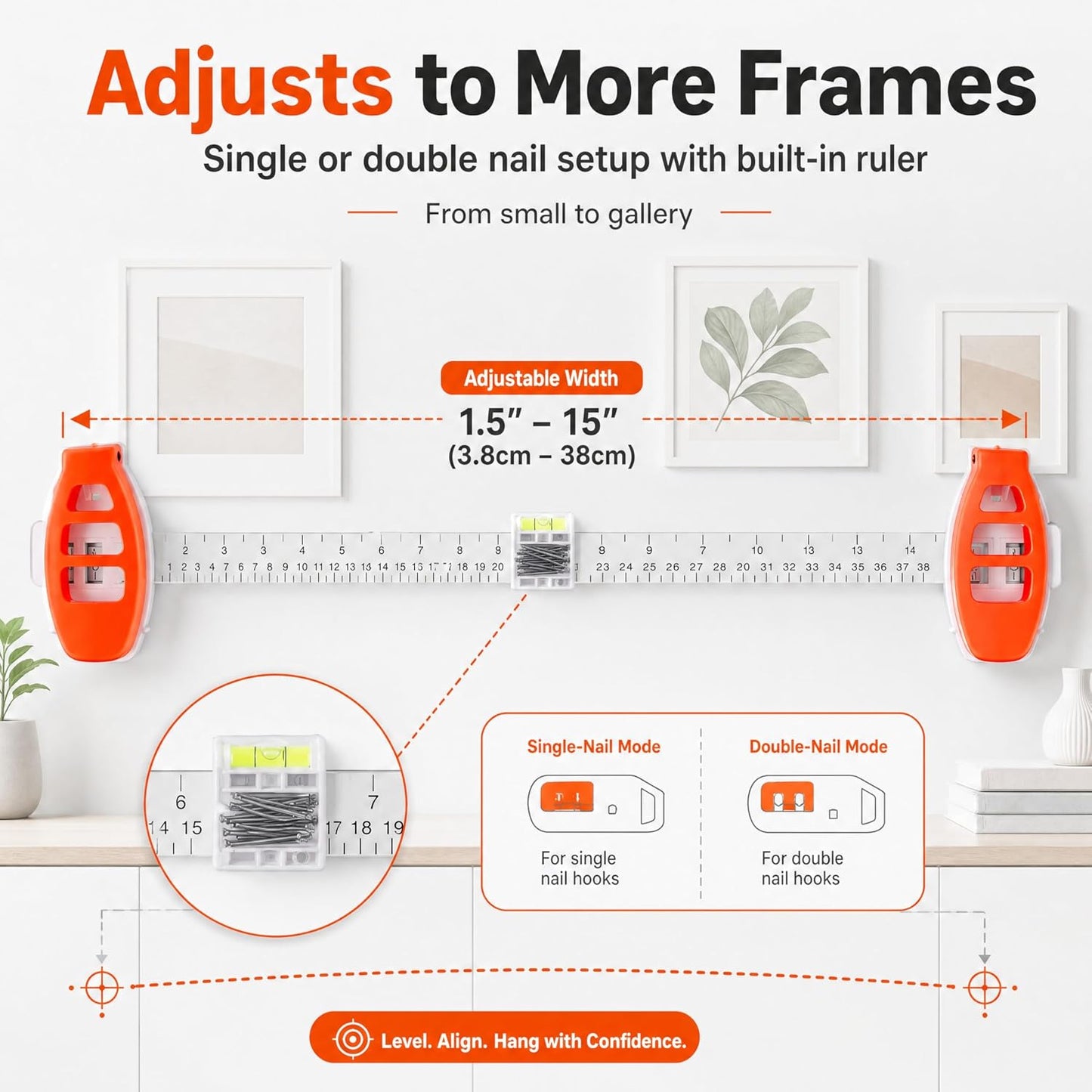 3-in-1 Picture Hanging Tool, Magnetic Nail Hanger with Level Ruler, No Hammer Wall Mount Tool