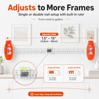 3-in-1 Picture Hanging Tool, Magnetic Nail Hanger with Level Ruler, No Hammer Wall Mount Tool