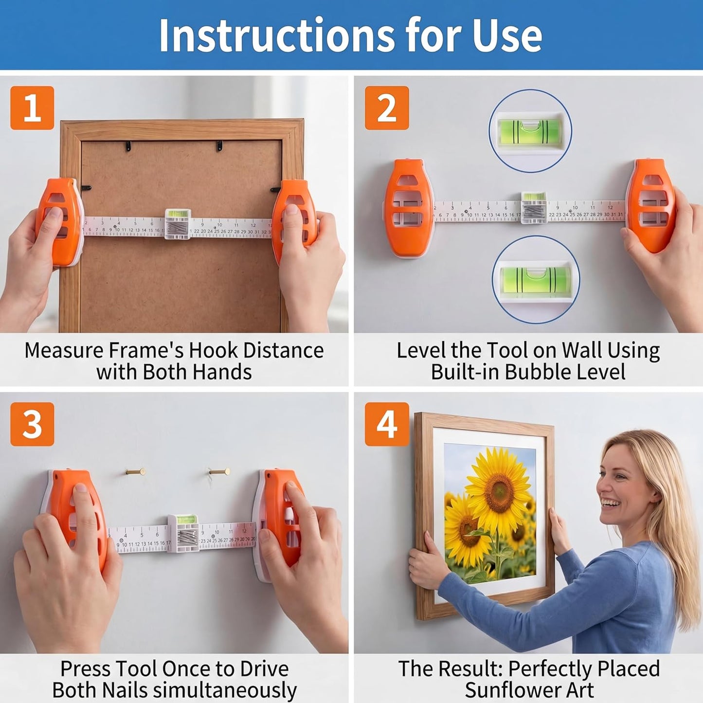 3-in-1 Picture Hanging Tool, Magnetic Nail Hanger with Level Ruler, No Hammer Wall Mount Tool