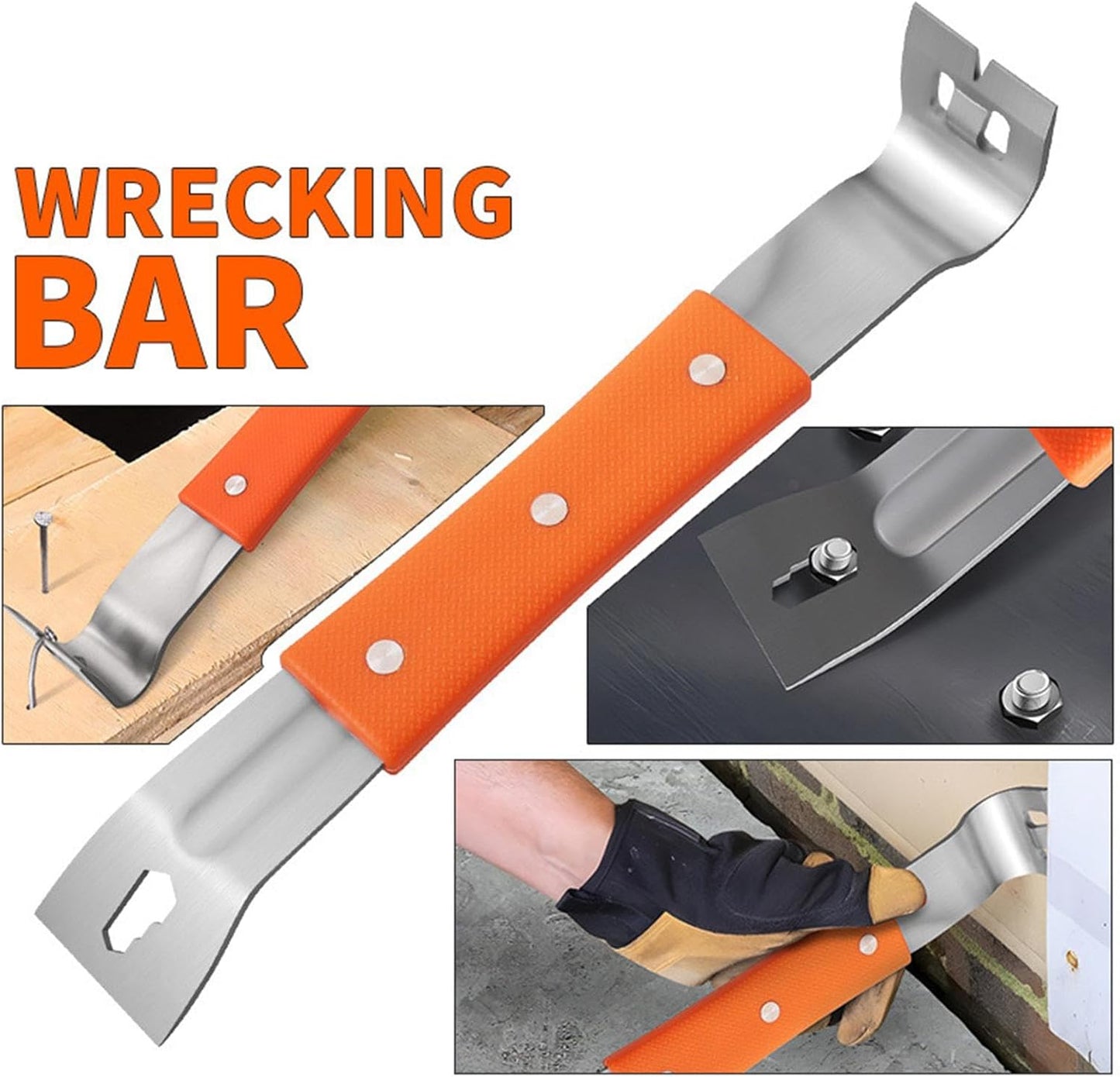 Crow& Pry, Flat Bar with Rubber Handle, Prybar, Baseboard Removal Tool, Stainless Steel Multifunctional Crowbar for Carpenter, Nail Remove
