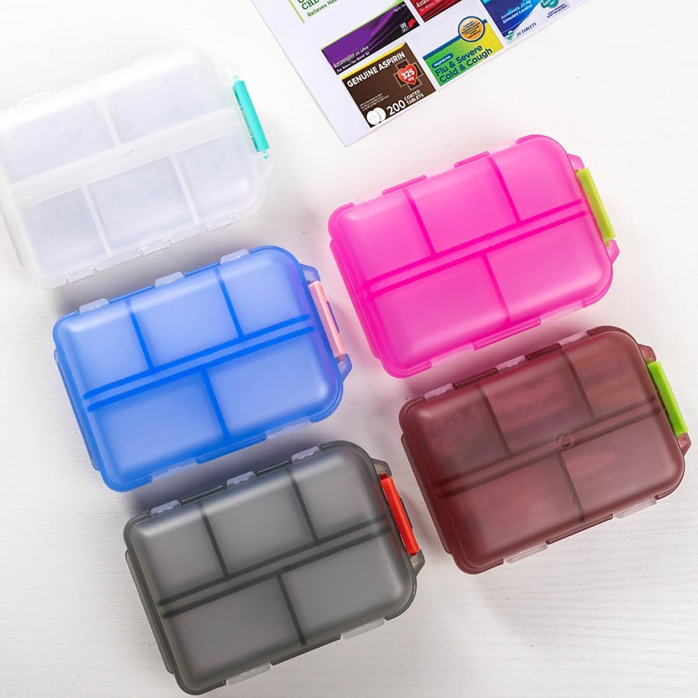 Custom Travel Pill Organizer, 10 Compartments Portable Pill Case with Medicine Labels, 5 Colors Daily Pill Box