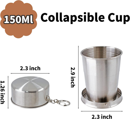 🎁💐2 PCS Collapsible Travel Cup With Keychain, Stainless Steel Folding Camping Cup