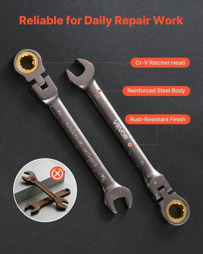 🛠️🛠️VEVOR 6-Piece Multifunctional Flex-Head Ratcheting Wrench Set, Metric 6mm-11 mm, 72 Teeth Cr-V Steel Flexible Combination Wrench Set, Car & Automotive Tools with Roll Up Pouch