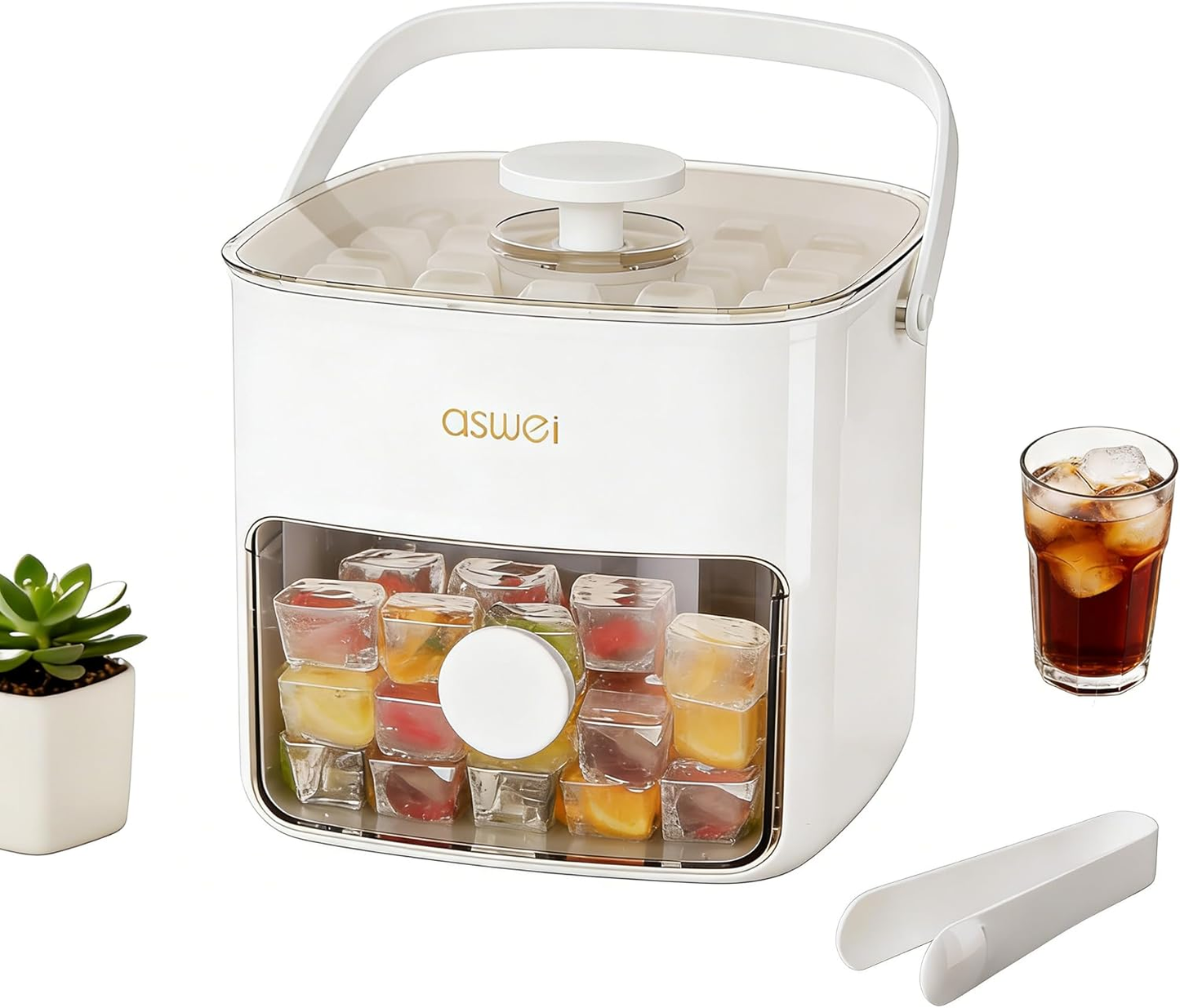 🧊🧊Compact Ice Cube Tray with Lid and Bin, Mini Press-Type Ice Maker for Freezer, Space-Saving Small Ice Bucket with Tongs