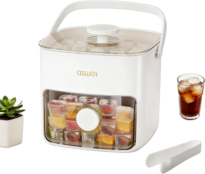 🧊🧊Compact Ice Cube Tray with Lid and Bin, Mini Press-Type Ice Maker for Freezer, Space-Saving Small Ice Bucket with Tongs