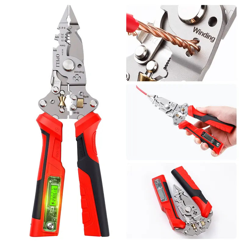 🛠️🛠️16 in 1 Wire Stripper Twister forCutting and Pulling Wires, Voltage Tester Pliers, Cable Scissors, 12V to250V Live,Null,Hot Wire Judgment ACDC, Audible and Flashing LED Alarms