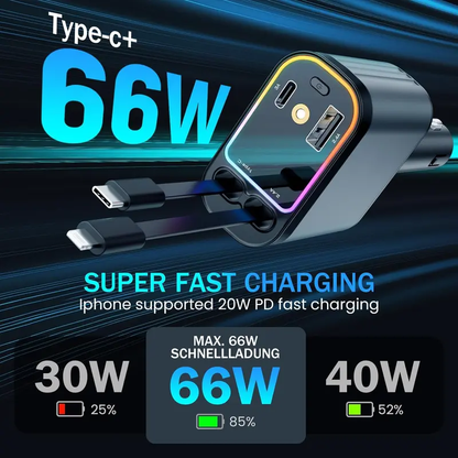🔥🔥Car Charger with Starlight, 4 in 1 Retractable 66W USB C Car Charger with 2 USB Ports, Fast Car Charger Compatible with iPhone 16 and Android