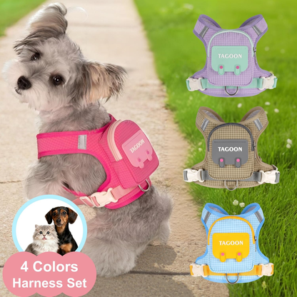 Dog Backpack Harness Leash Set Reflective Waterproof Pockets Built in Poop Bag Dispenser for Hiking Training Running Pets Self Carrier with D-Ring