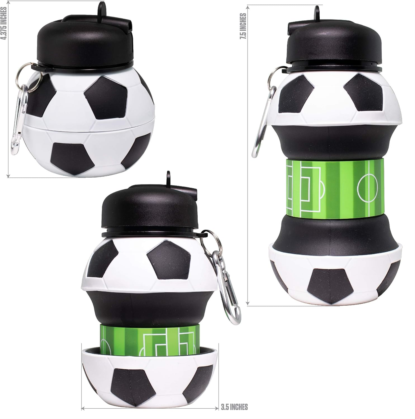 Collapsible Silicone Soccer Ball Water Bottle for Kids, 18 oz BPA-Free with Clip, Leak-Proof Spout, Portable Sports Drink Bottle