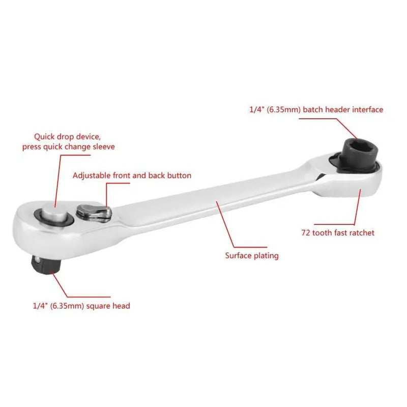 Silver Ratchet Wrench 1/4 Inch Mini Double Headed 72 Tooth Drive Socket (Bits Not Included), 5 Degrees Quick Install Release