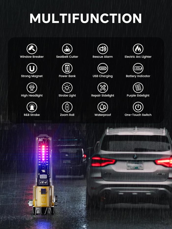 Emergency Flashlight for Car, Seatbelt Cutter Window Breaker, 3000 LM Flashlight Multifunctional Safety Tool
