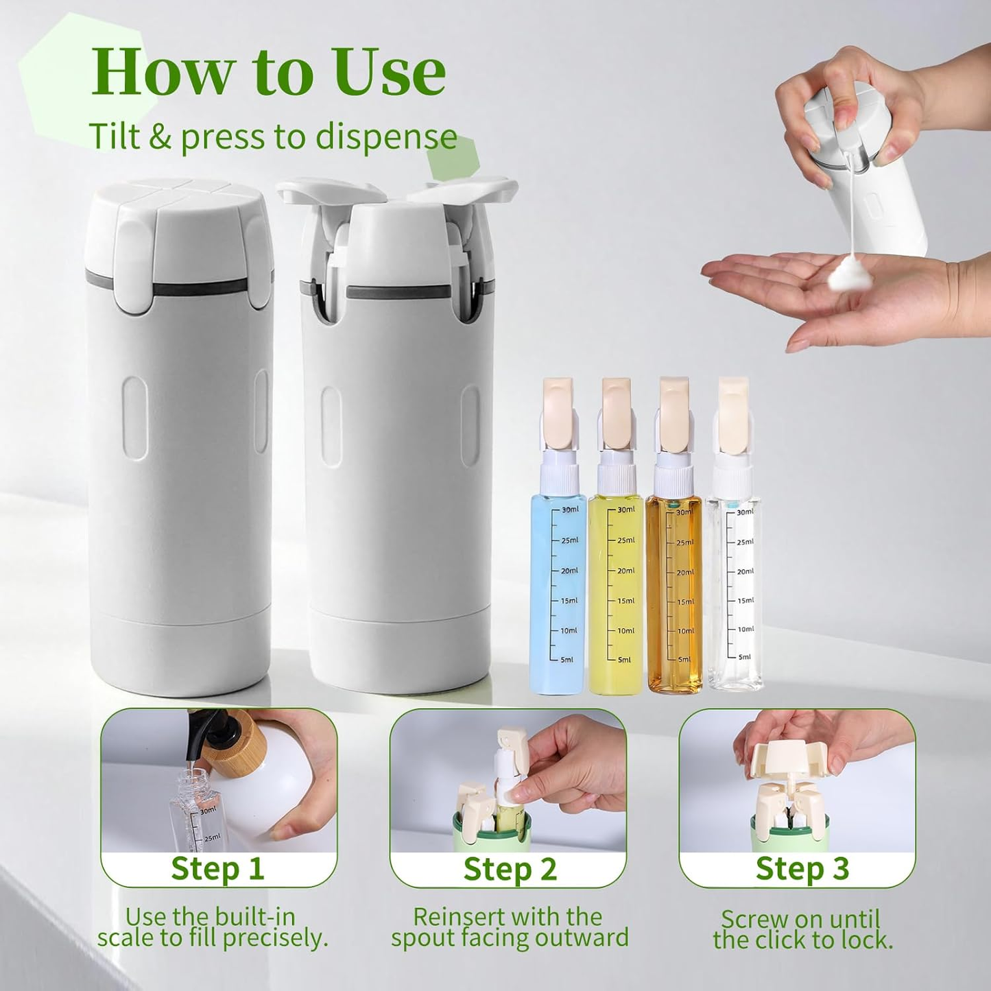 🔥4 in 1 Travel Dispenser, 4 Pack 30ML Travel Bottles for Toiletries