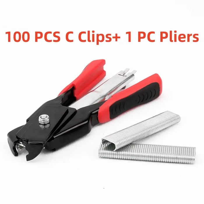 🛠️🛠️Hog Ring Pliers Kits W/ 100 C Clips Staples Tool, Hand Operated Spring Loaded Clamp Fences Tools Farm Animals Nailer Pliers Fastening Bird Chicken Mesh Cage Wire Fencing Household Use