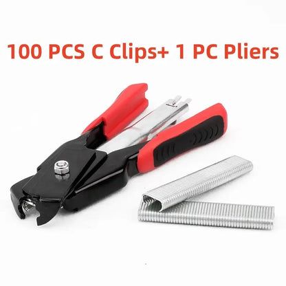 🛠️🛠️Hog Ring Pliers Kits W/ 100 C Clips Staples Tool, Hand Operated Spring Loaded Clamp Fences Tools Farm Animals Nailer Pliers Fastening Bird Chicken Mesh Cage Wire Fencing Household Use