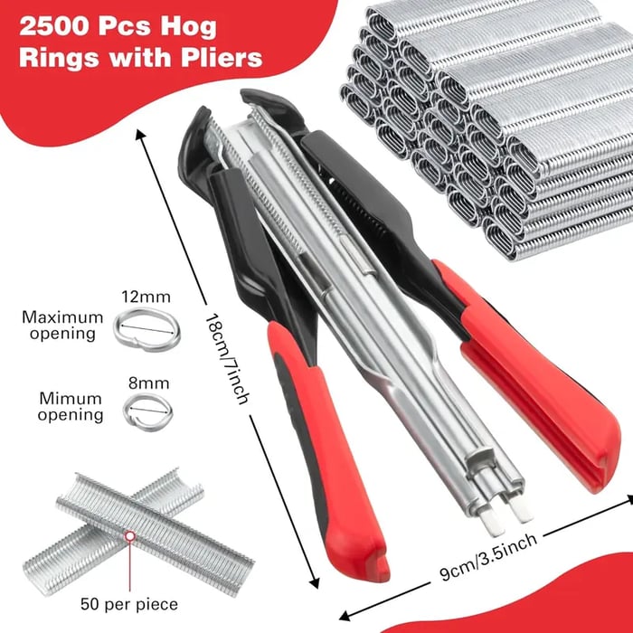 🛠️🛠️Hog Ring Pliers Kits W/ 100 C Clips Staples Tool, Hand Operated Spring Loaded Clamp Fences Tools Farm Animals Nailer Pliers Fastening Bird Chicken Mesh Cage Wire Fencing Household Use