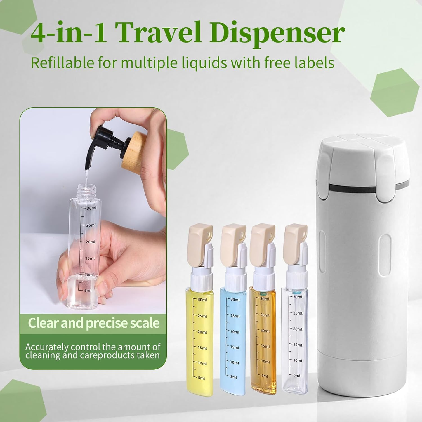 🔥4 in 1 Travel Dispenser, 4 Pack 30ML Travel Bottles for Toiletries