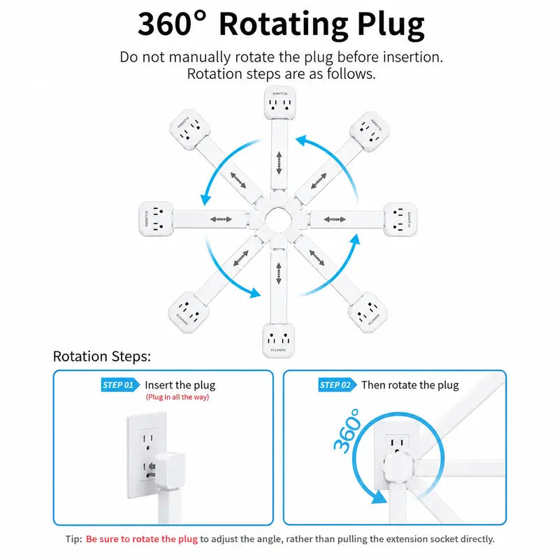 Electrical Outlet Extender Stick, 360° Rotating Wall Outlet - Features 2 USB-A, 1 USB-C, and 2 AC Outlets, Extends 17"-26"