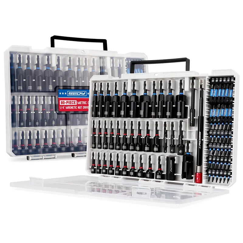 80pc Magnetic Impact Nut Driver Set,Metric & SAE with Socket Adapters, Bit Holder, Wing Nut Driver, Universal Sockets, Quick Release Extension, Power Bits toolbox screwdriver set