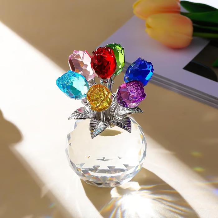✨️✨️Crystal Colorful Rose Bouquet Figurine with Round Vase | Glass Rose Flower Romantic Gifts for Her Mom on Birthday