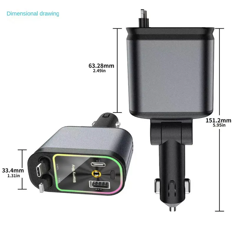 🔥🔥Car Charger with Starlight, 4 in 1 Retractable 66W USB C Car Charger with 2 USB Ports, Fast Car Charger Compatible with iPhone 16 and Android