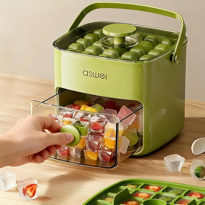 🧊🧊Compact Ice Cube Tray with Lid and Bin, Mini Press-Type Ice Maker for Freezer, Space-Saving Small Ice Bucket with Tongs