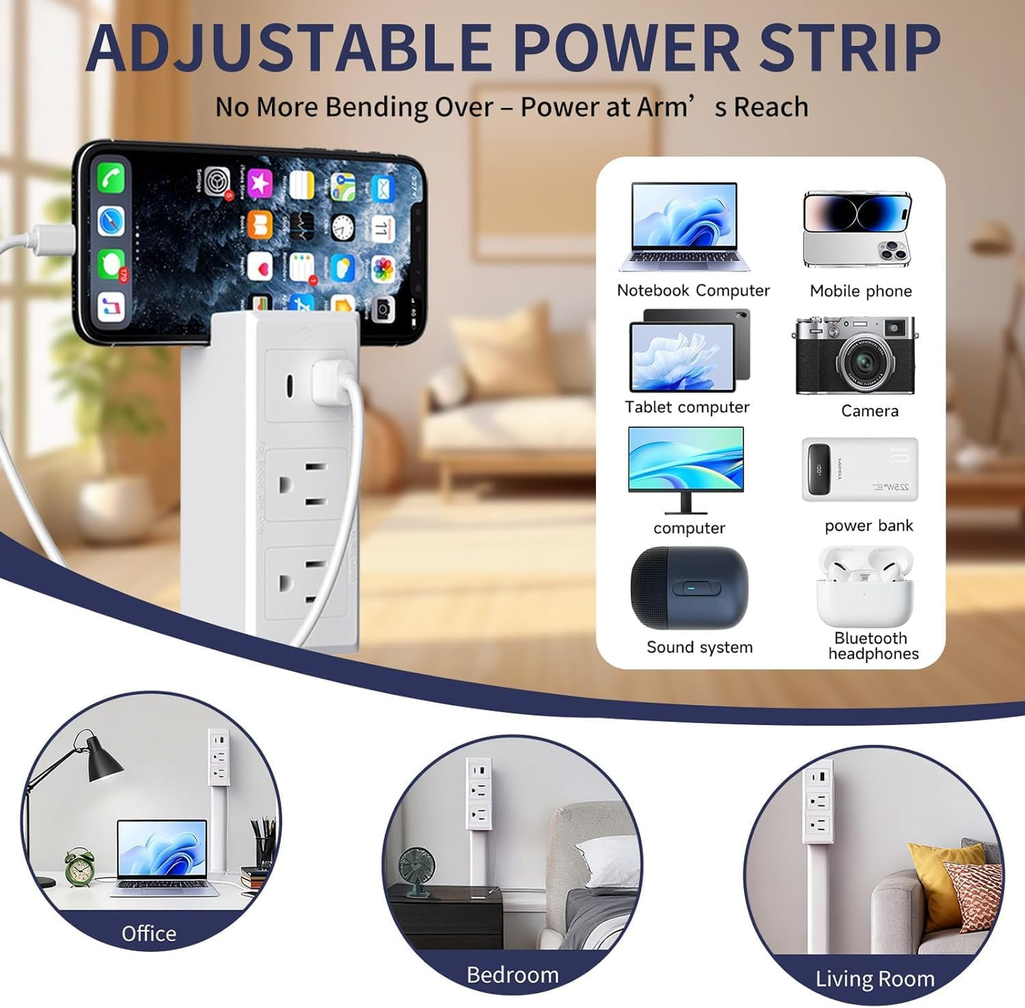 🔋✨️Electrical Outlet Extender Stick,180° Rotating Extendable Wall Outlet for Hard to Reach Places,Rotating Plug Power Hub