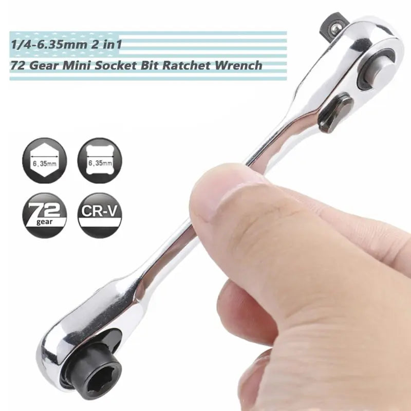 Silver Ratchet Wrench 1/4 Inch Mini Double Headed 72 Tooth Drive Socket (Bits Not Included), 5 Degrees Quick Install Release
