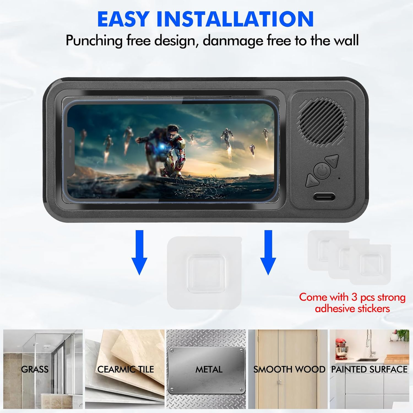 Wireless Bluetooth Speaker for Bathroom , Waterproof 360 Rotation Viewable Shower Phone Case Speakers for Bathroom Wall Mirro Compatible with iPhone