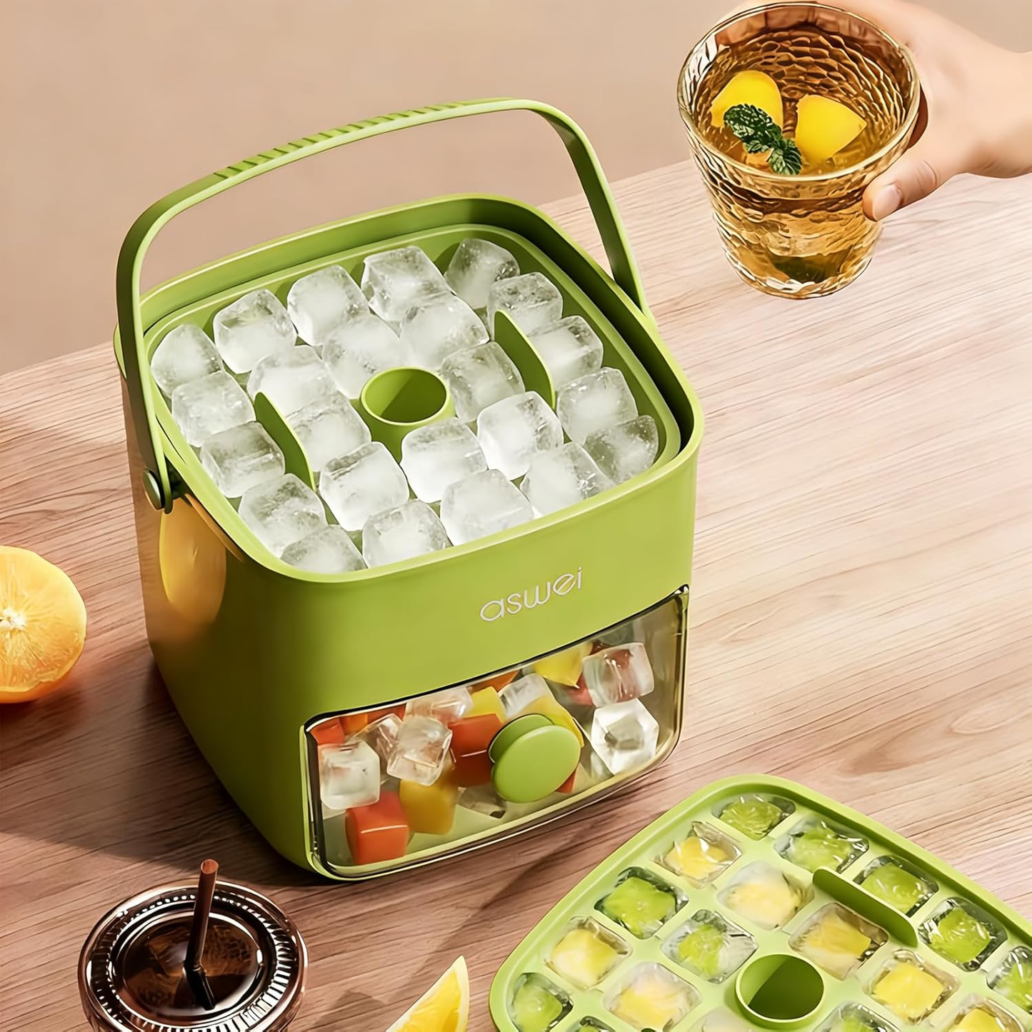 🧊🧊Compact Ice Cube Tray with Lid and Bin, Mini Press-Type Ice Maker for Freezer, Space-Saving Small Ice Bucket with Tongs