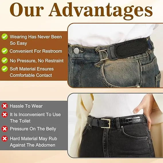 2 PCS No Buckle Belts for Men and Women, Buckless Belts for Unisex- Adjustable Metal Hook Comfortable Invisible Belt, Invisible Belt for Jeans, Pants