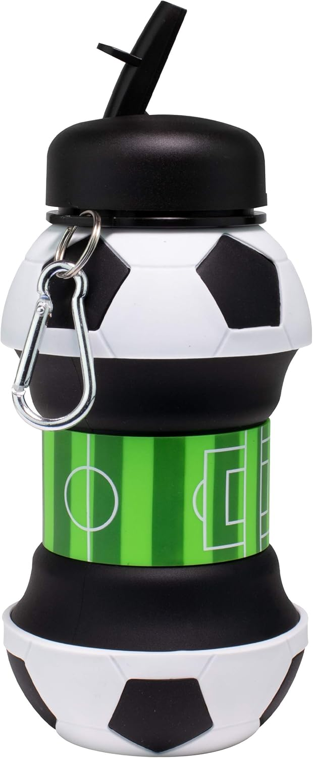 Collapsible Silicone Soccer Ball Water Bottle for Kids, 18 oz BPA-Free with Clip, Leak-Proof Spout, Portable Sports Drink Bottle