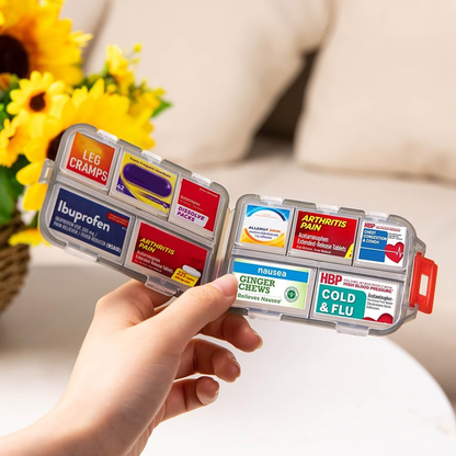 Custom Travel Pill Organizer, 10 Compartments Portable Pill Case with Medicine Labels, 5 Colors Daily Pill Box
