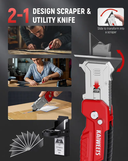 2-in-1 utility knife and scraper featuring a heavy-duty zinc alloy body and 13 SK2 black blades