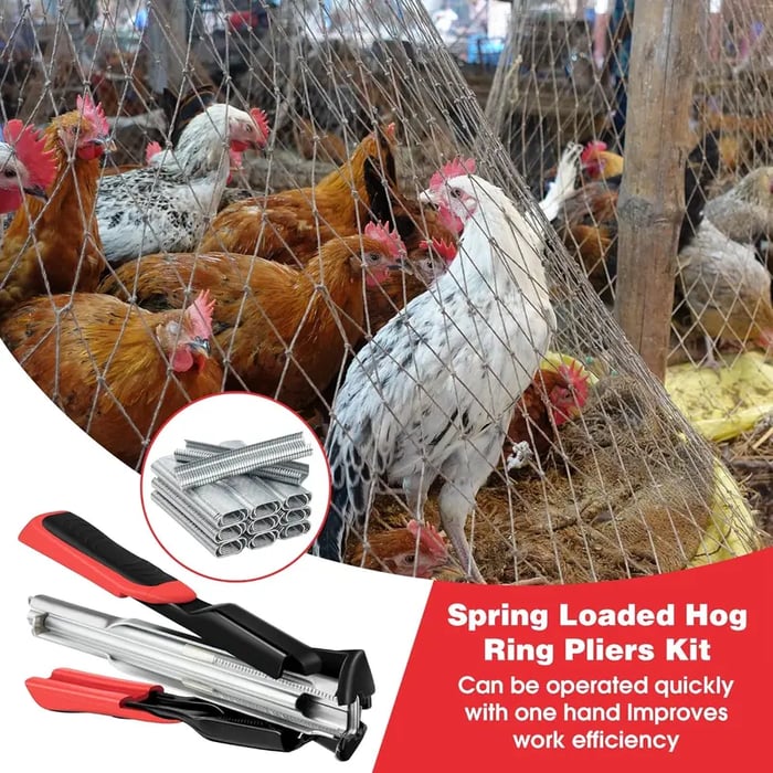 🛠️🛠️Hog Ring Pliers Kits W/ 100 C Clips Staples Tool, Hand Operated Spring Loaded Clamp Fences Tools Farm Animals Nailer Pliers Fastening Bird Chicken Mesh Cage Wire Fencing Household Use