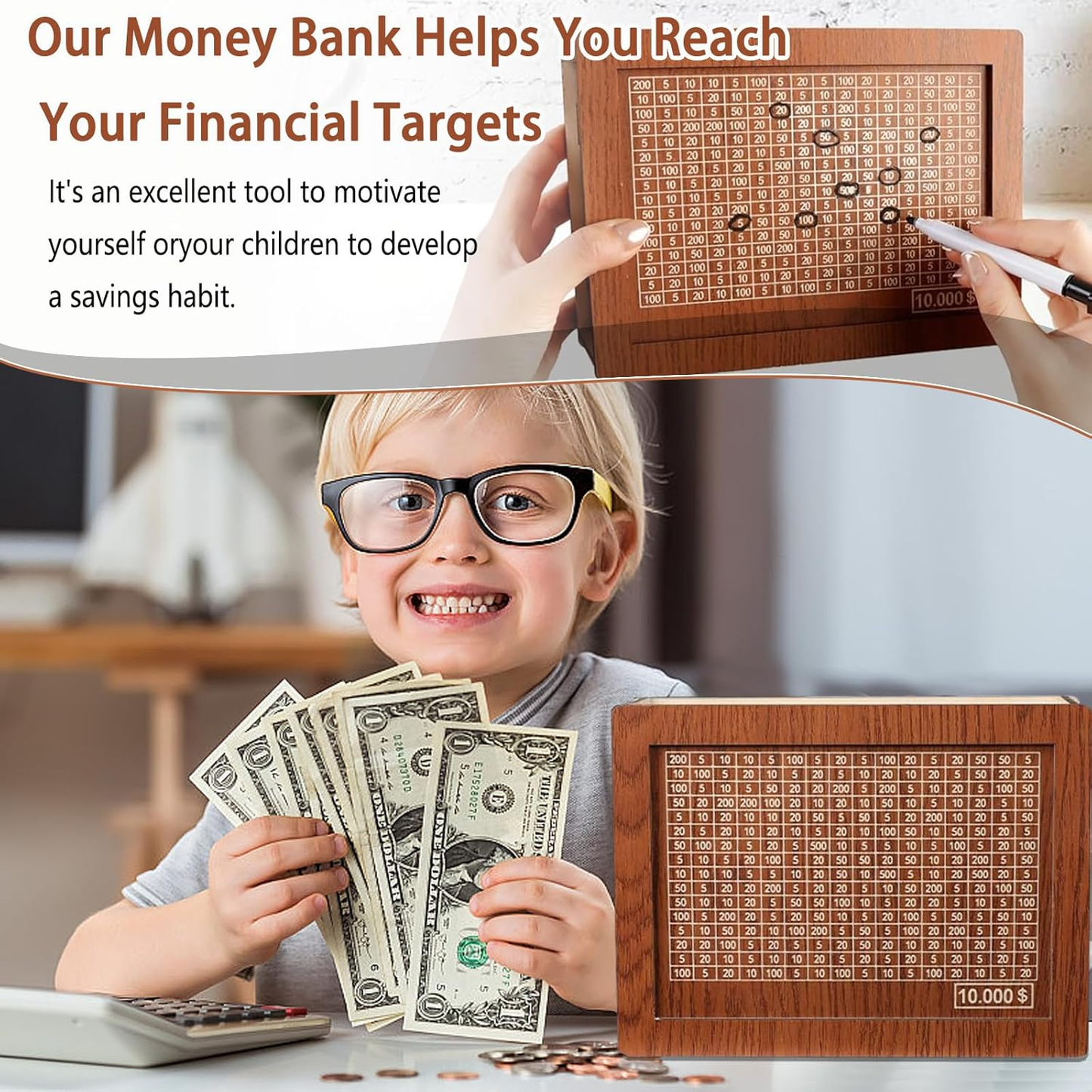 💰️💰️Cash Vault Wooden Savings Box,Wooden Money Box with Target and Numbers,Piggy Bank for Child Adults