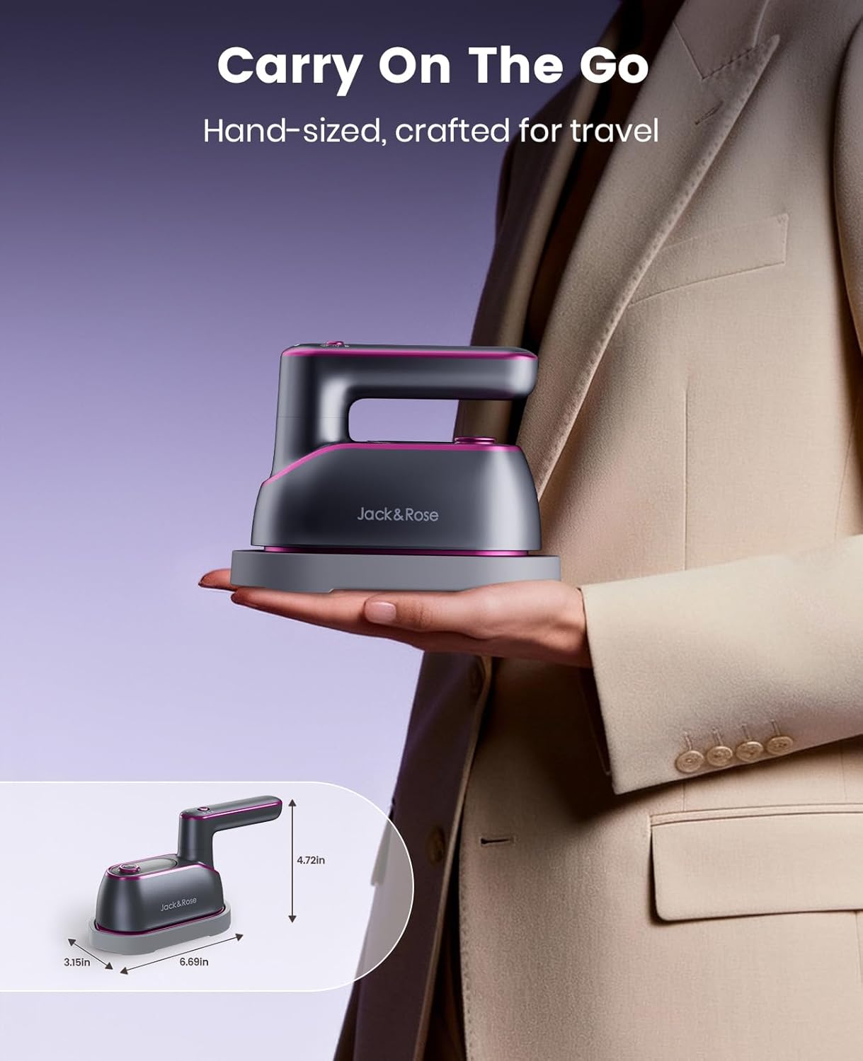 Portable handheld travel steam iron, heats up in 8 seconds