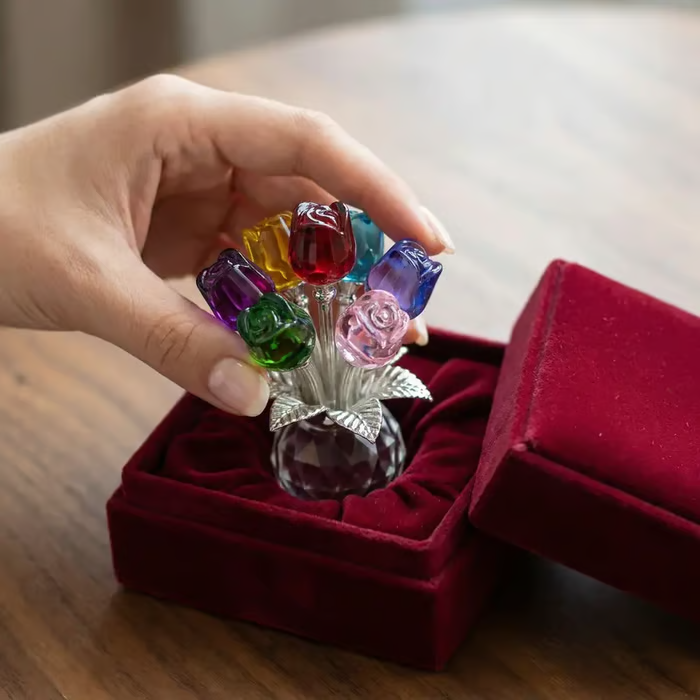 ✨️✨️Crystal Colorful Rose Bouquet Figurine with Round Vase | Glass Rose Flower Romantic Gifts for Her Mom on Birthday
