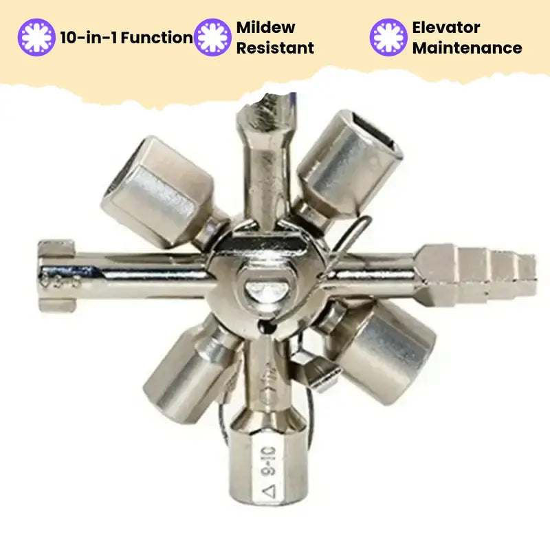 10-in-1 Multifunction Triangle Key Wrench, Multifunctional Socket Wrench, Elevator Door Valve Cross Ratchet Wrench, Mildew Resistant Manual Tool Set for Elevator, Electric Box & More