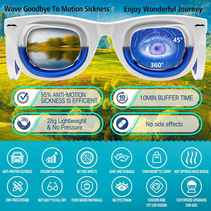 ✨️Adult Anti- Motion Sickness Smart Glasses, Ultra-Light Portable Nausea Relief Liquid Glasses, Carsickness Airsickness Seasickness Glasses, Kids Travel/Cruise Essentials