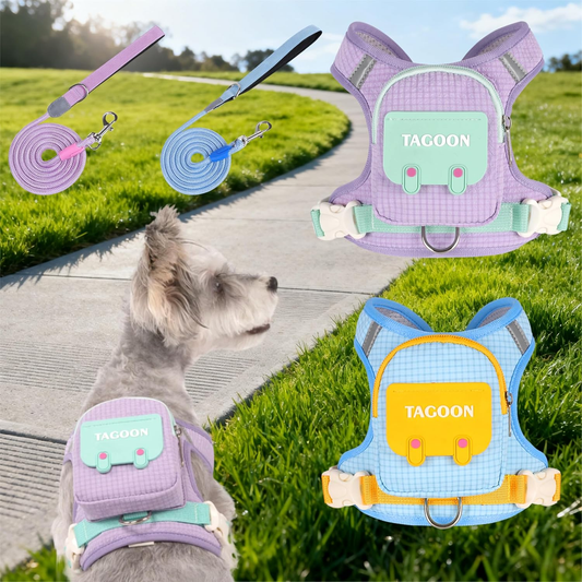 Dog Backpack Harness Leash Set Reflective Waterproof Pockets Built in Poop Bag Dispenser for Hiking Training Running Pets Self Carrier with D-Ring