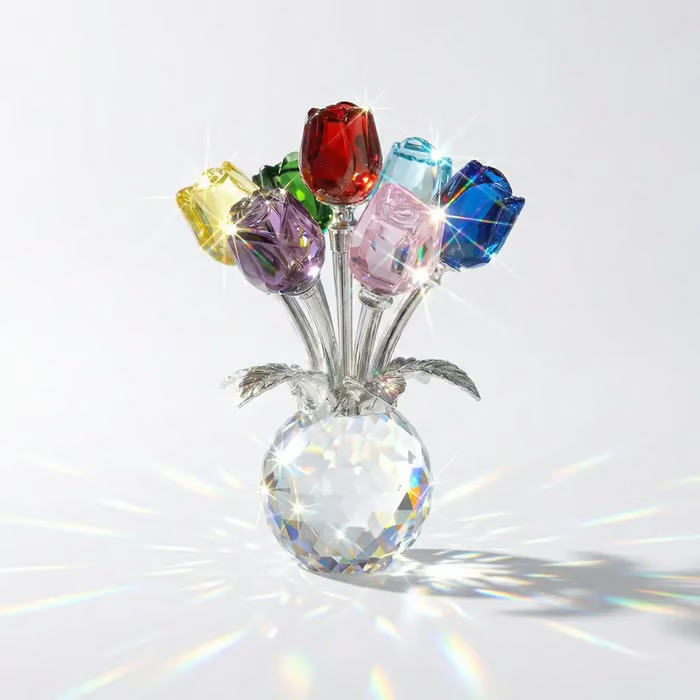 ✨️✨️Crystal Colorful Rose Bouquet Figurine with Round Vase | Glass Rose Flower Romantic Gifts for Her Mom on Birthday