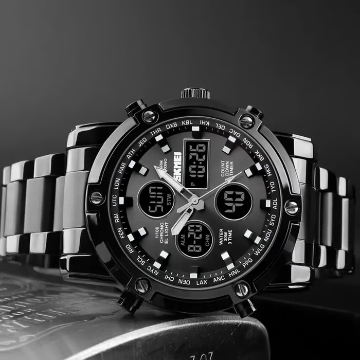🔥Limited-time discount of 49%🔥Fashion Multi functional Sports Men's Watch, 48Mm Metal Case with 3 Time Zone Night Light 30M Waterproof Stainless Steel Strap, Dual Time Display, Timer, Calendar, Alarm Clock Function Watch Wristwatch