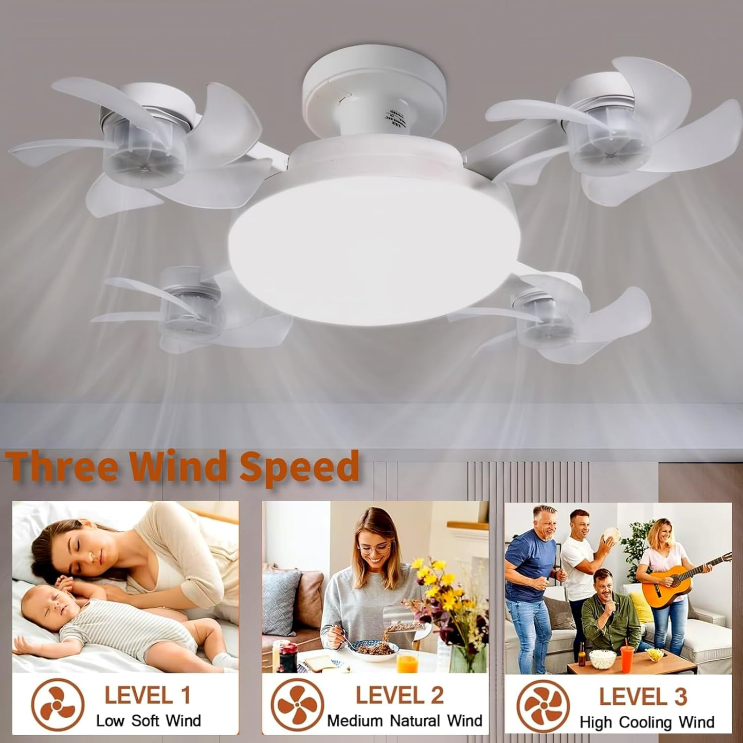 Socket Fan Light, Screw in Ceiling Fan with Remote Control Light Bulb Dimmable 3 Color Temperatures & 3 Wind Speeds E27 Screw-in Installation for Bedroom, Kitchen, Garage